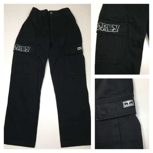 Obey Denim - OBEY Black White Logo Embroidery Flap Cargo Pockets Pant Jeans